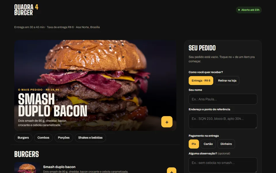 Capa do modelo Quadra 4 Burger, escuro com foto grande de hambúrguer