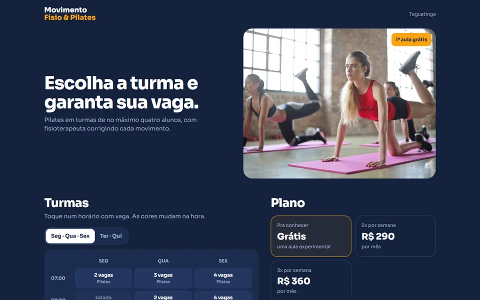 Capa do estúdio Movimento, azul-marinho com uma aula em grupo