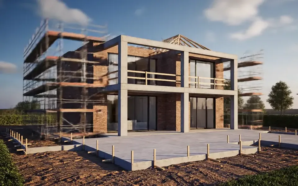 Modelo de construtora com a obra da casa subindo em 3D