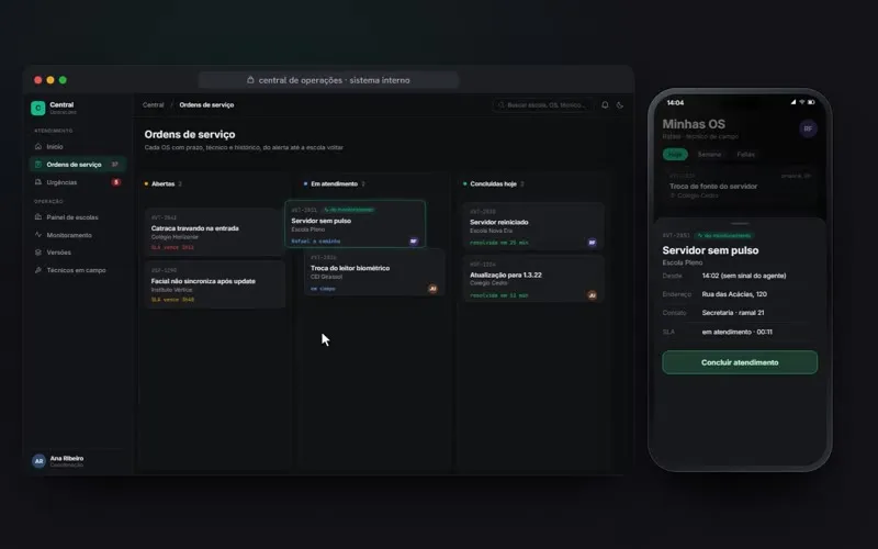 Painel da central de operações num vídeo de produto
